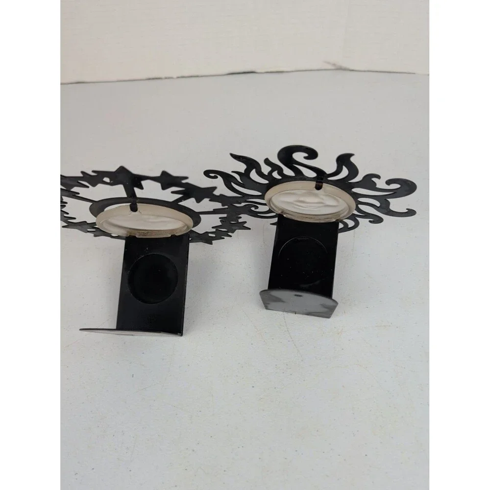 Vintage 90’s PartyLite Celestial Sun & Moon Wall Sconces-Black & Frosted Glass